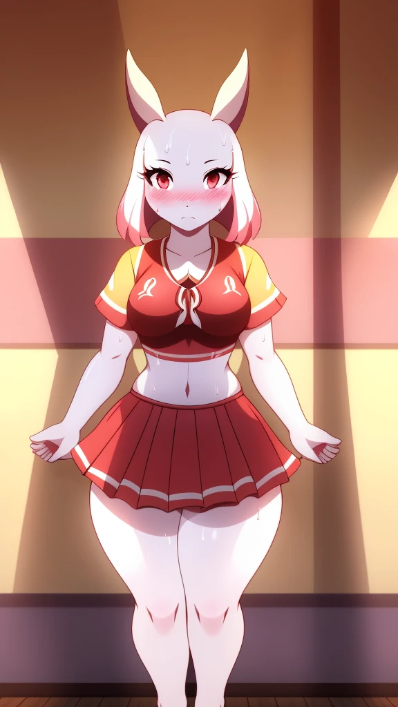 Crusch Lulu,furry,Bust big ,Waist 57,Thigh 86,Good resolution,standing in a room alone,Cheerleading uniform,Good light and shadow details,shade,sexy body,blushing, Sweating, 