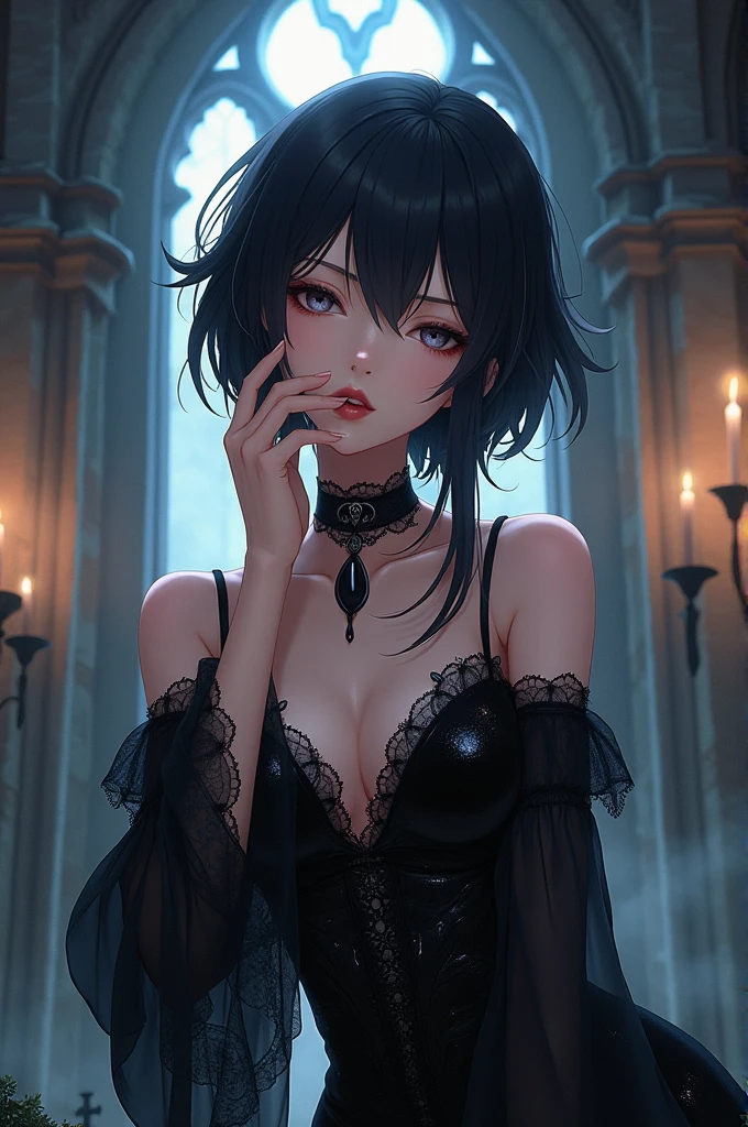 A dark-haired girl in a gothic ta dress, intricate lace details, porcelain skin, piercing gaze, dramatic makeup, rose petals, candlelight, moody atmosphere, (best quality,4k,8k,highres,masterpiece:1.2),ultra-detailed,(realistic,photorealistic,photo-realistic:1.37),cinematic lighting,dramatic shadows,dark fantasy,moodygothic,dramatic chiaroscuro