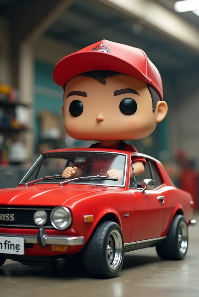 Create funko pop man, Without beard, delgado, with red cap, Red shirt, grey denim pants, recharged in datsun 120y, Candy red color, with 13 chrome rims, windshield with “CRISS” sticker, in a car workshop parking lot background