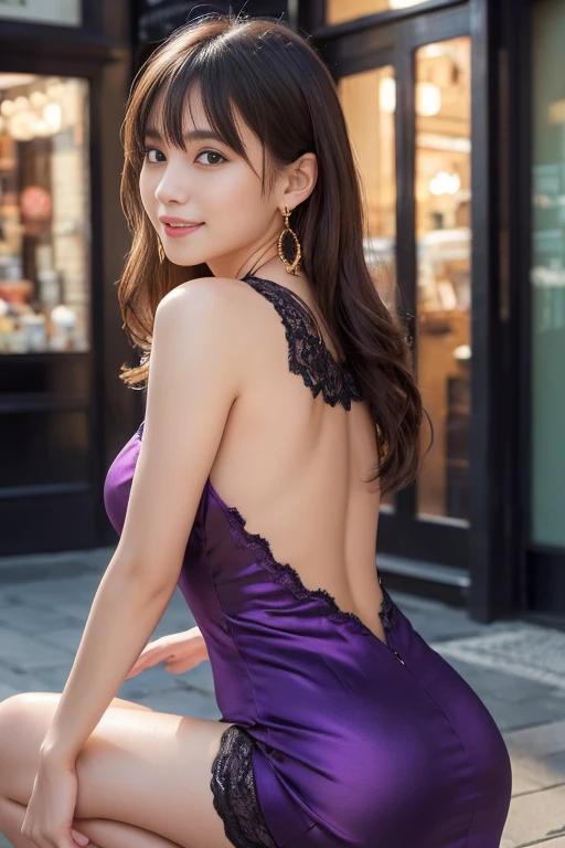 ((Highest quality, 8K, masterpiece: 1.3)), sharp: 1.2, Perfect Body Beauty: 1.4, ((Layered Hairstyles, Small breasts: 1.1)), street: 1.2, Wavy Hair, White and beautiful skin, Beautiful attention to detail, Super detailed, Highly detailed face and skin texture, fine grain, double eyelid, Long black hair, Not tying hair, Turning his back, Big Belly, Big Ass, Lower Body, Thighs, Skinny, Fabric light purple lace dress, Ribs are floating, Wet and shiny lips, Cross your arms, Lace pattern, Look Up, smile, Looking back here, The gaze is directed this way, Waistline