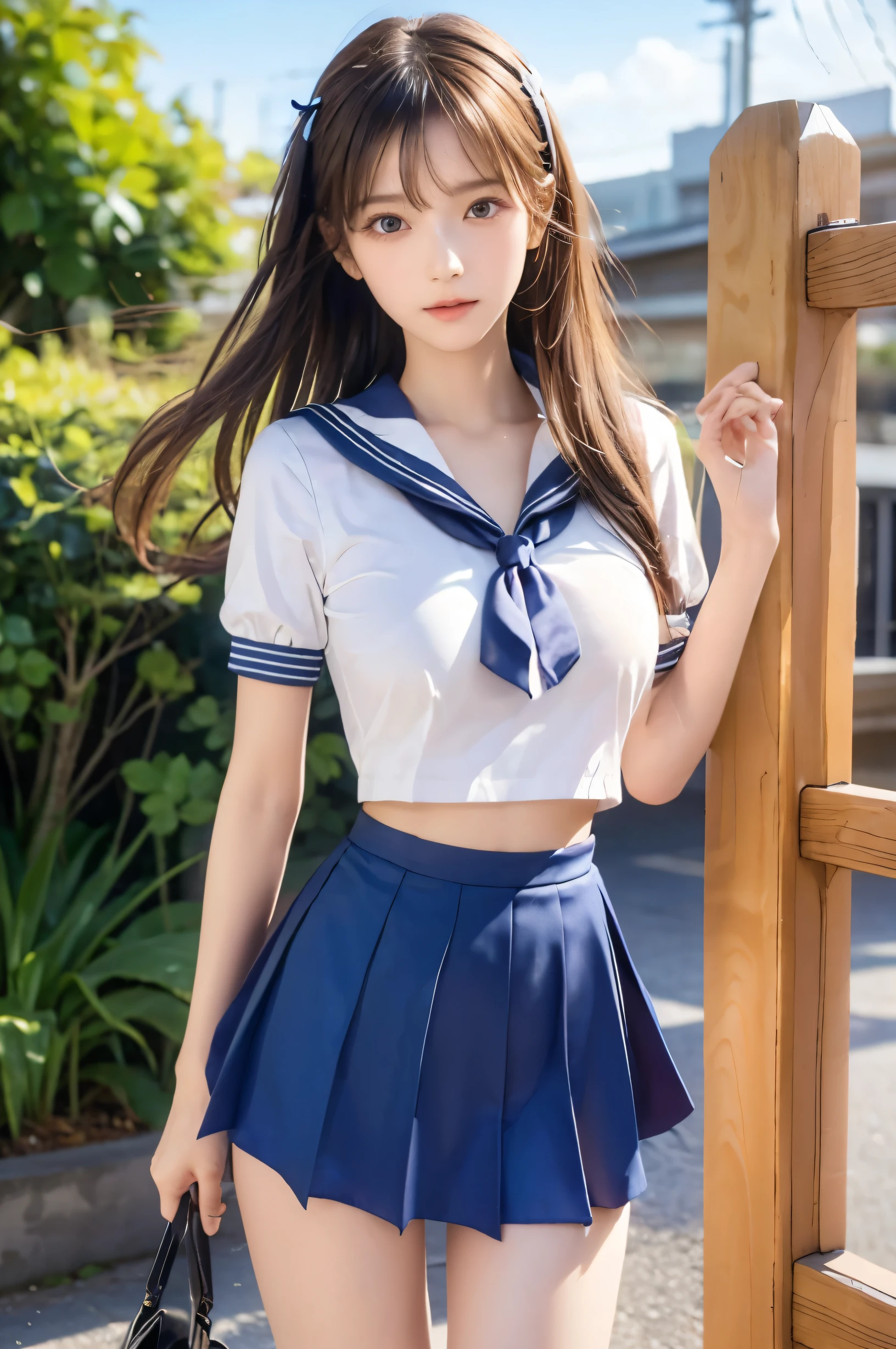 (Ultra HD), (Looking at me), (The whole body is shown), (Short-sleeved sailor uniform, Navy blue mini skirt), Big Breasts, Super beautiful breasts, slender, (Thin legs:1.2), (Thin thighs:1.2), (Thin Hips:1.4), (Beautiful Skin, Shiny skin, White skin), (Super slim face, Super beautiful face, No makeup, Smile:0.6), (light brown, long hair, Layered Cut, Fluffy hair), (Big eyes:1.4, High corners of the eyes:1.4, double eyelid), (Thin eyebrows:0.2), (Small Nose:0.6), (Thin lips:0.6), Are standing, In front of the school gate