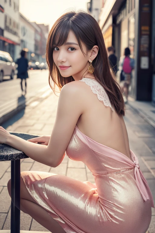  Japanese, hostess makeup, Brown Hair, smile, Dynamic Angle, High resolution, (Photo Real:1.2), (Very detailed:1.1),((A dress with a bright color or pattern)),(Night city view), window, Delicate background, Bokeh, Professional Lighting, Physically Based Rendering, ((Buckshot)), slim, sexy, ((Stick your butt out)),((Push out your chest)),