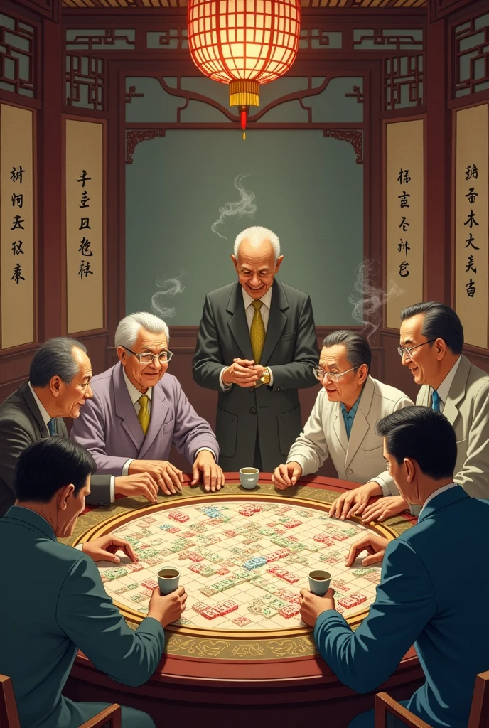 best quality, works, (realistic: 1,2), 1 poker table, 5 people, asian look, warm tone