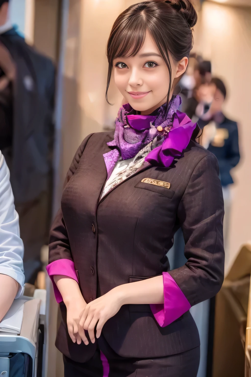 (masterpiece:1.2、Highest quality:1.2)、32k HDR、High resolution、(alone、1 girl、Slim figure)、（Realistic reproduction of Etihad Airways flight attendant uniforms）、 (At the airport counter, Professional Lighting)、A proper woman, Beautiful Face,、（Etihad Airways flight attendant long sleeve uniform）、（Etihad Airways flight attendant uniforms、Skirt with purple stripes on the front）、（a scarf around the neck）、Big Breasts、（Long Hair、Hair Bun）、Dark brown hair、Long Shot、（（Great hands：2.0））、（（Harmonious body proportions：1.5））、（（Normal limbs：2.0））、（（normal finger：2.0））、（（Delicate eyes：2.0））、（（Normal eyes：2.0））)、Beautiful standing posture、smile
