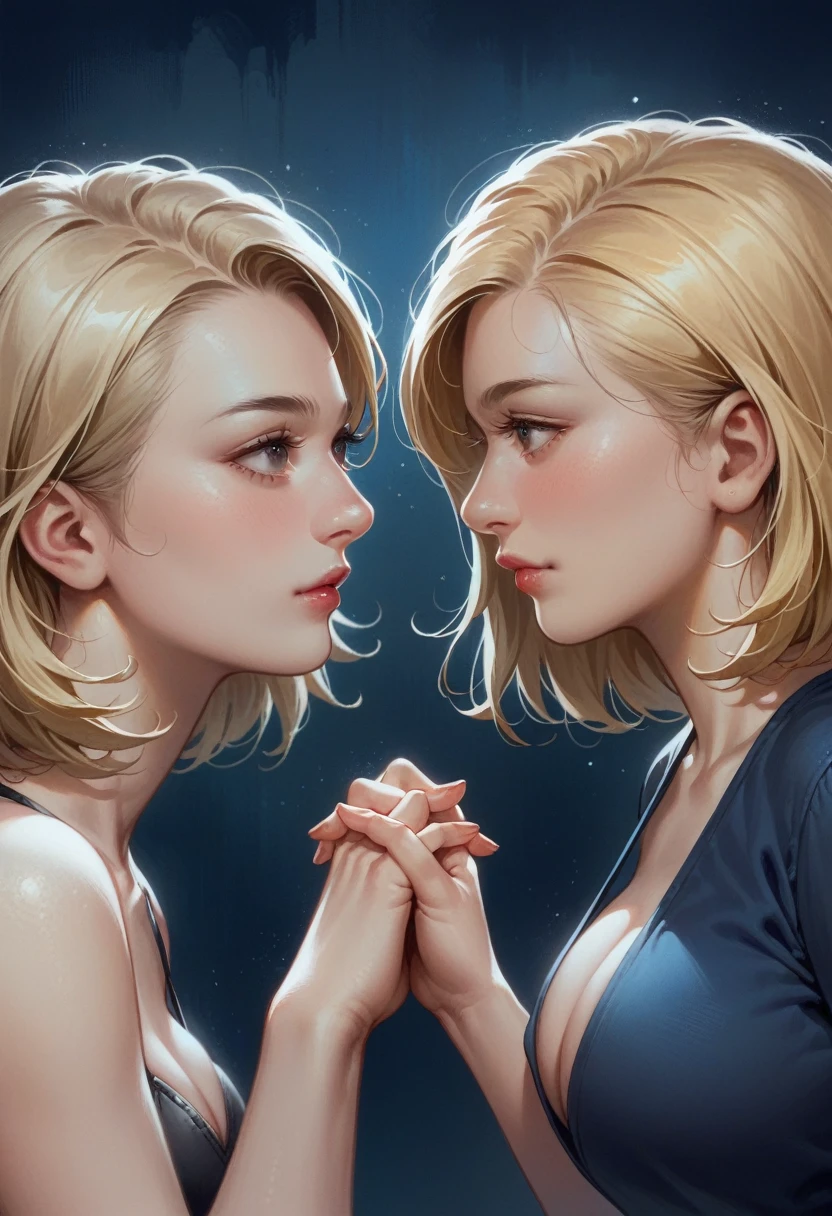 POV from side (photographic street at night) background, realism pushed to extreme, fine texture, side view one girl, blonde bob cut, medium eye level upwalking side by side holding hands with viewer
