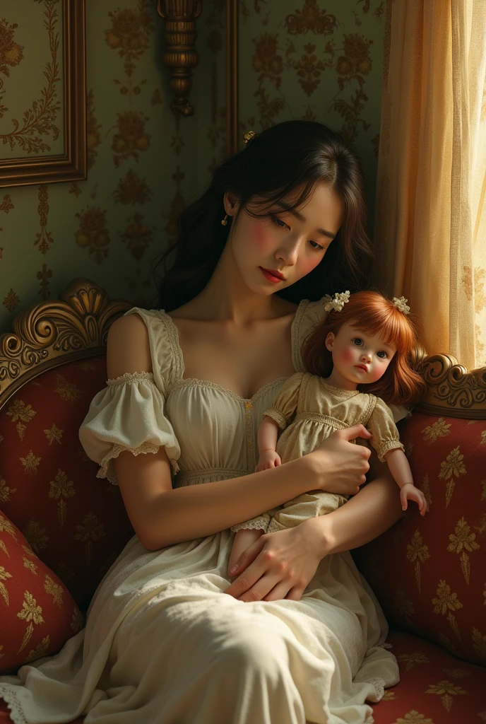 A young Asian woman of about 25 years old in Gothic style carrying two newborn twins who look as realistic as possible in an environment that looks warm and loving. 