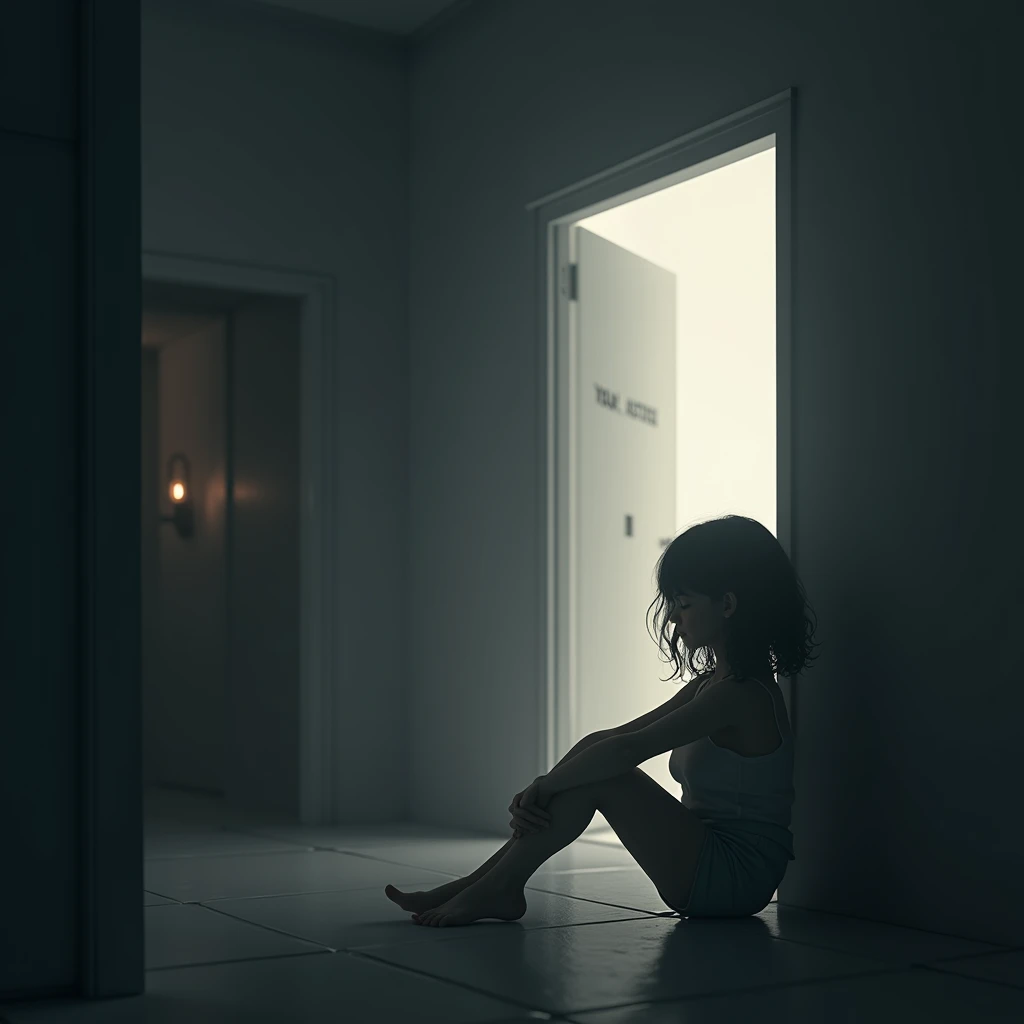 Make a drawing based on a girl's fear of the hallways of houses, where she sits on the floor leaning against the wall in the middle of a hallway and sees the darkness out of the corner of her eye, imagining a giant hand pulling her into the deep darkness, Imagine Samara the girl from the.movie the ring, Imagine that something scary will come out of the hallway doors and you will stare at it until you reach it and take it., Even though the hallway is lit, it terrifies her to know that the walls that make it up have doors that lead to rooms that she imagines things will crawl out of or simply watch her from the darkness to let me know that they are there.