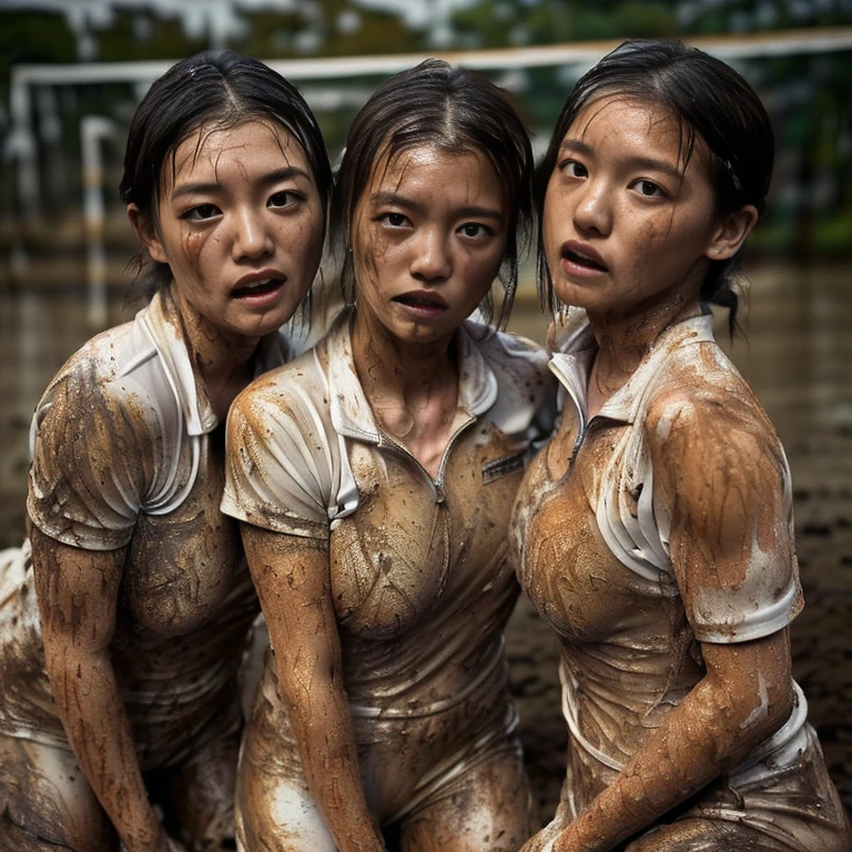 (Plain white very tight short sleeved dirt stained volleyball uniform with white half zip:1.7)、(A large, dirt-stained, white, square collar: 1.7)、(Red clay ground:1.5)、My hair is wet and messy、(A cute Japanese woman covered in dirt and mud from head to toe:2.1)、Highest quality, masterpiece, Ultra-high resolution, Photorealistic, Raw Photos,Detailed face, (Fastener open: 1.7), (Everyone wears the same clothes:1.0), All members are super beauties, (A group photo of three pretty, exhausted, dirt-covered Japanese women huddled together: 1.7), (Hair tied up: 1.4), (Exhausted expression: 1.8), Bright photo, (My whole body is soaked with sweat: 1.7), (All muscular: 2.4), (Concentrated heavy rain: 2.2)
