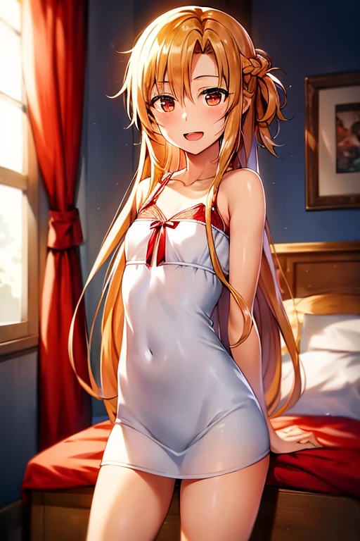 ((Highest quality)), ((masterpiece)), (be familiar with), Perfect Face, indoor, Bedroom, Watching the audience,
One woman, Yuuki Asuna,
Open Mouth, Ecstatic expression, blush, smile,
Small breasts, Flat Chest, , , child, Girl,
Long Hair, Long Hair,
Leg spread,