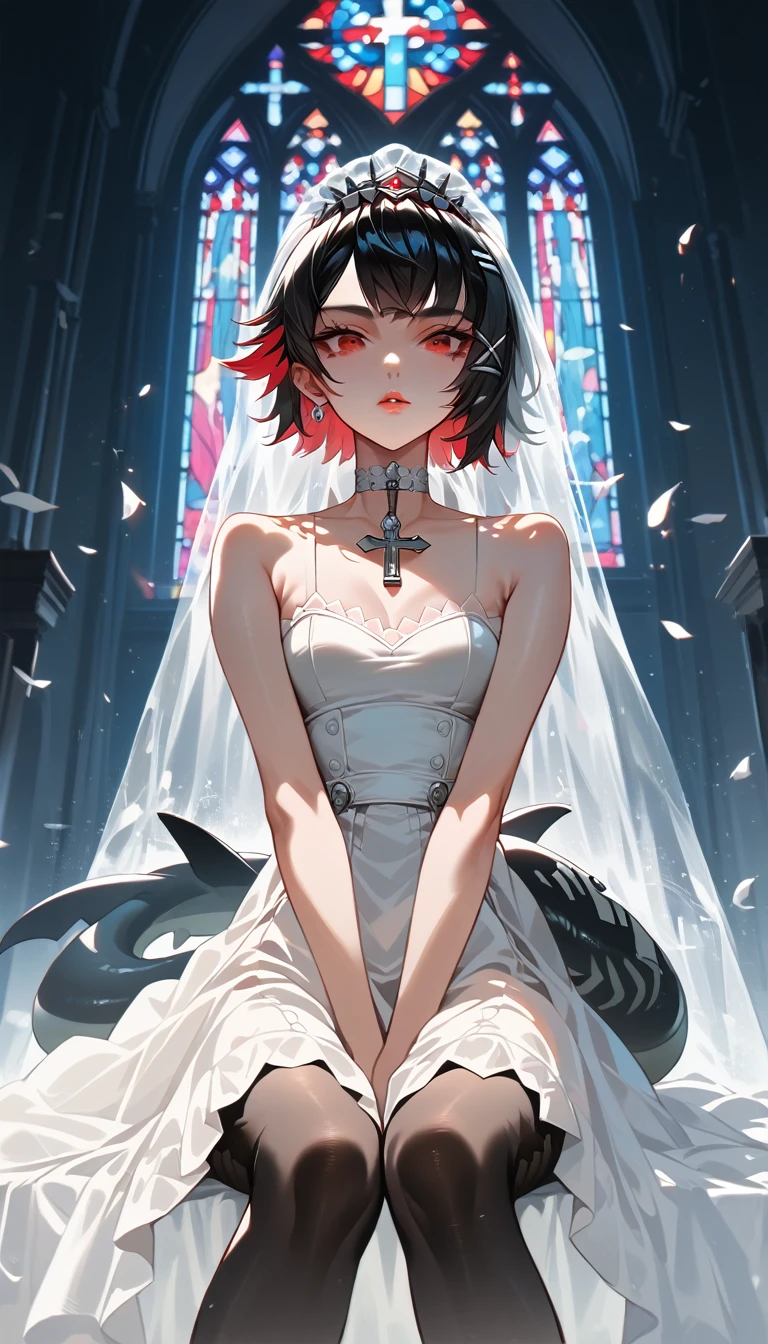 masterpiece，high resolution，Anime Art，Anime Numbers， 4k anime wallpaper，Radiant Skin，Looking at the camera，Solitary，An anime girl，Sitting，Lips up，White Wedding Dress，Black short hair，Striped hair，Red eyes，Strong chest，Black pantyhose，Cross your legs，Black shark tail，Colorful glass，church