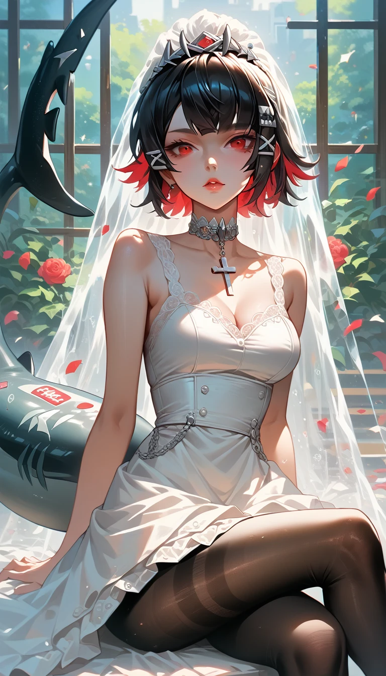 masterpiece，high resolution，Anime Art，Anime Numbers， 4k anime wallpaper，Radiant Skin，Looking at the camera，Solitary，An anime girl，Sitting，Lips up，White Wedding Dress，Black short hair，Striped hair，Red eyes，chest，Black pantyhose，Cross your legs，Black shark tail，Colorful glass，Wedding Hall