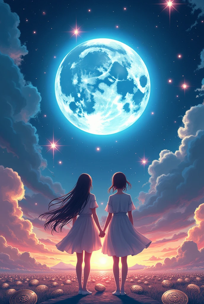 Anime Style　full moon　Starry Sky　Children playing　Back view