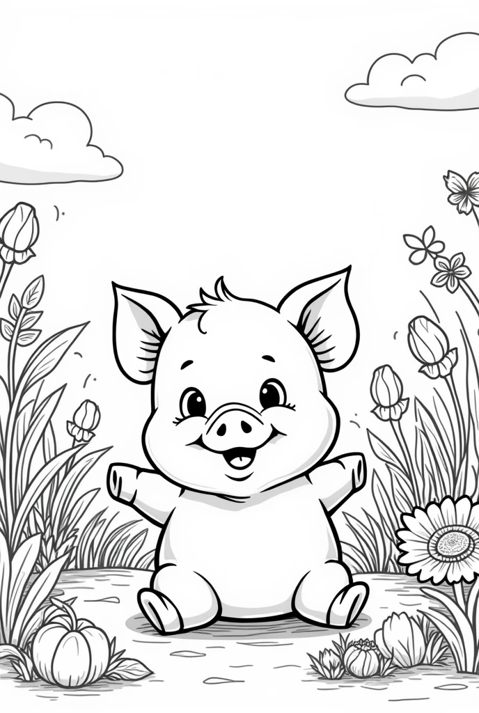 coloring page for kids, Pig with piglets, cartoon style, thick lines