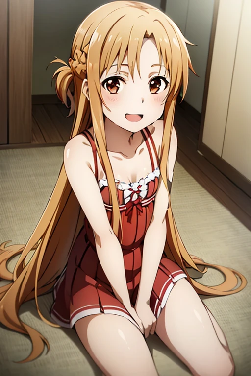 ((Highest quality)), ((masterpiece)), (be familiar with), Perfect Face, indoor, Bedroom, Watching the audience,
One woman, Yuuki Asuna,
Open Mouth, Ecstatic expression, blush, smile,
Small breasts, Flat Chest, , , child, Girl,
Long Hair, Long Hair,
Leg spread,