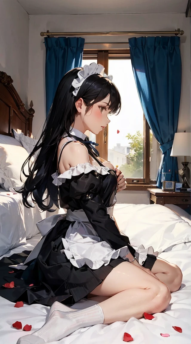 Highest quality,8k,16K,Very detailed,Attention to detail,See-through,Maid clothes,Stick your butt out,On the bed,Window Glass,Night view