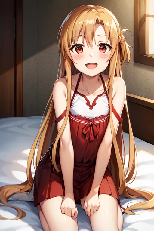 ((Highest quality)), ((masterpiece)), (be familiar with), Perfect Face, indoor, Bedroom, Watching the audience,
One woman, Yuuki Asuna,
Open Mouth, Ecstatic expression, blush, smile,
Small breasts, Flat Chest, , , , Girl,
Long Hair, Long Hair,
Leg spread,