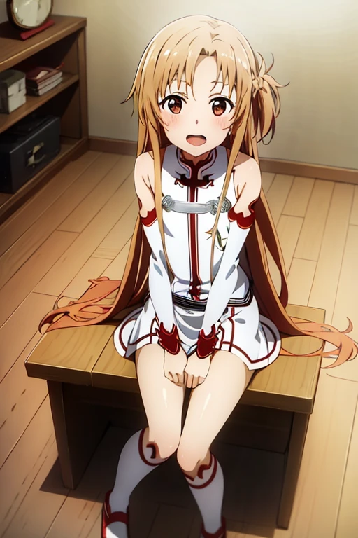 ((Highest quality)), ((masterpiece)), (be familiar with), Perfect Face, indoor, Bedroom, Watching the audience,
One woman, Yuuki Asuna,
Open Mouth, Ecstatic expression, blush, smile,
Small breasts, Flat Chest, , , child, Girl,
Long Hair, Long Hair,
Leg spread,