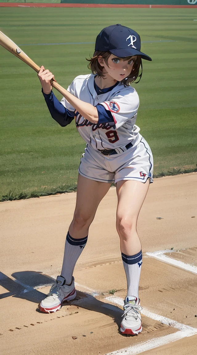 (Muscular:2.2), (thick thighs:2.3),
(latina woman, brown skin, beauty mark, freckles), blunt bangs, long hair,
eyeshadow, earrings, red lipstick, glasses,
detailed eyes, (big smile:1.5), detailed skin,
(flat chest:1.5),
(choker, baseball outfit, baseball cap, sleeveless baseball jersey, baseball shorts:1.6), midriff,
(upper body view:1.2), (looking at viewer), (three quarter view:1.4),
rim lighting, two tone lighting, dimly lit