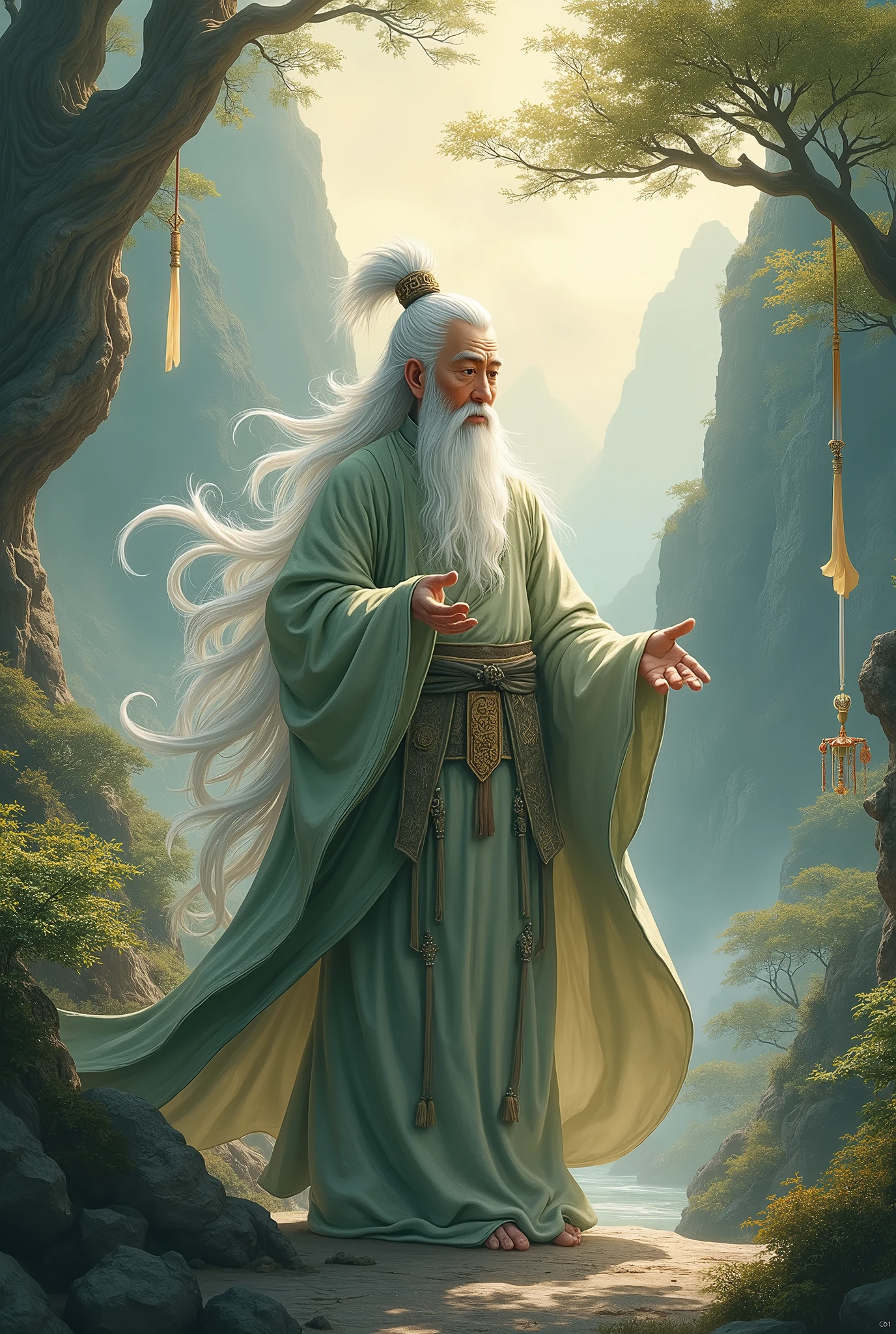 Arafed image of a man with a long white beard and a green robe - SeaArt AI