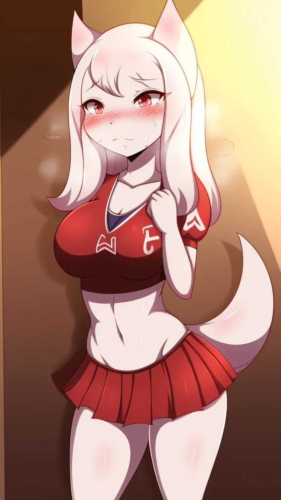 Crusch Lulu,furry,Bust big ,Waist 57,Thigh 86,Good resolution,standing in a room alone,Cheerleading uniform,Good light and shadow details,shade,sexy body,blushing, Sweating, 