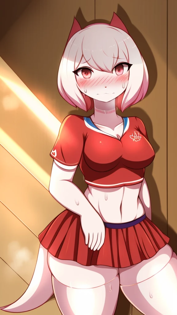 Crusch Lulu,furry,Bust big ,Waist 57,Thigh 86,Good resolution,standing in a room alone,Cheerleading uniform,Good light and shadow details,shade,sexy body,blushing, Sweating, 