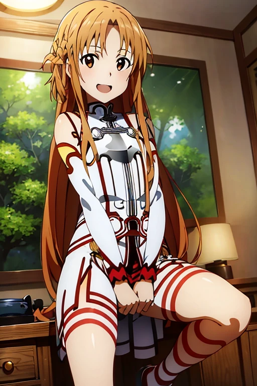 ((Highest quality)), ((masterpiece)), (be familiar with), Perfect Face, indoor, Bedroom, Watching the audience,
One woman, Yuuki Asuna,
Open Mouth, Ecstatic expression, blush, smile,
Small breasts, Flat Chest, , , child, Girl,
Long Hair, Long Hair,
Leg spread,