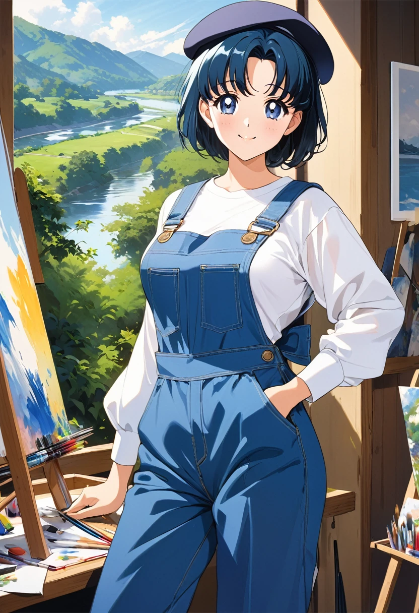 masterpiece, Highest quality, High resolution, (Mizuno Ami),1990s \(style\),painter, height: 160cm, Blue Hair,short hair、beret,Blue Overalls,(C cup beautiful breasts)、sexy、Configuration from the front、smile、Anime-style painting style,Composition focusing on the upper body、cinematic lightong,Superfine,The background is the riverside,magnificent view,I have a canvas and art supplies,