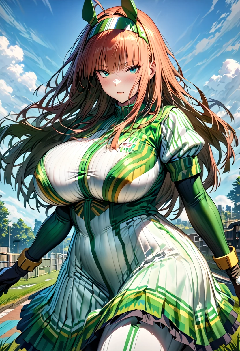 ((((silence suzuka1名))))、(Uma Musume),(Super huge huge chests),(blue sky)、(Turf)、(((Green and white tight dress skirt)))、(Run)、{{{Browsing Caution}}}、{{{masterpiece}}}, {{{Highest quality}}}, {{ultra-detailed}}, {{shape}}, {{{Very delicate and beautiful}}},{{extremely detailed CG}}、{{unity 8k portrait}}、{{Fabric Shading}}、{{super detailed skin}}、{{Perfect Anatomy}}、{{detailed}}、{{Dynamic Lighting}}、{{{beautiful detailed eyes}}}、{{{beautiful detailed Face}}}、{{{Realistic, RAW Photos}}}、(Perfect Face)、(非常にdetailedな顔)、(Perfect Eyes)、(highlight)、(Perfect Legs)、(Perfect breasts)、(Perfect pose)、(Perfect body)