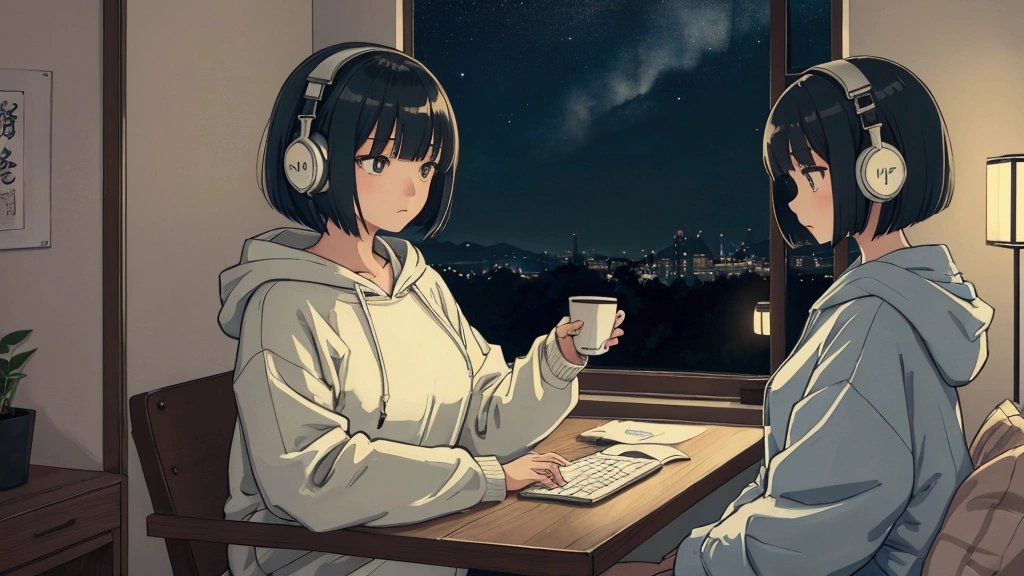 "Japanese girl listening to jazz on headphones、Imagine a scene that brings back memories。. Holding a coffee cup in one hand、, Embodying a calm and pensive mood、Characterized by soft colors, Intricate details, With warmth and thoughtfulness、. In the background、It may include natural elements or cozy interiors.。, Creates a tranquil and dreamy atmosphere。."Girl with bob cut, night sky in the window, working on a computer, neon letters &quot;lofi&quot; on the wall, stylish lamp, dressed in a hoodie, anime 