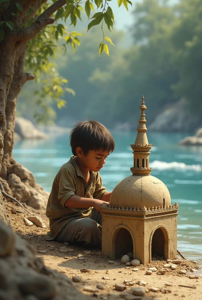 A kid sitting in front of the Angkor wat temple in Cambodia and painting the beauty wonderful kingdom of Angkor wat with the natural environment