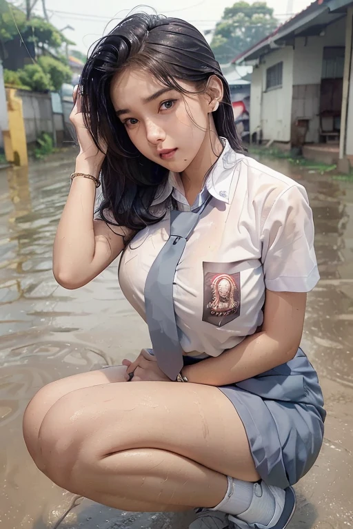 masterpiece, score_9, high quality, Realistic, UHD 8K detailed, full body photo, best result, 1 tall woman, alone at night, (undercut mullet hairstyle, black hair), scared face expression (head turned to the side, avoiding camera shot), plump body, blue eyes, Indonesian high-school uniform, (wearing transparent white tight shirt, short sleeves, light-grey tie,), osis logo on shirt pocket, perfect round breasts, long light-grey pleated tight skirt, medium length white socks, black school shoes, school backpack, wearing jewelry (gold chain bracelets, gold earrings, gold necklaces), pedaling a bicycle in the middle of a muddy road (the road is very muddy), expression of tiredness (tired of getting caught in the rain), heavy rain (rain at night), the rain soaked his uniform (the uniform was soaked), night sky background, best dark shot, shot from side above best lighting at night.