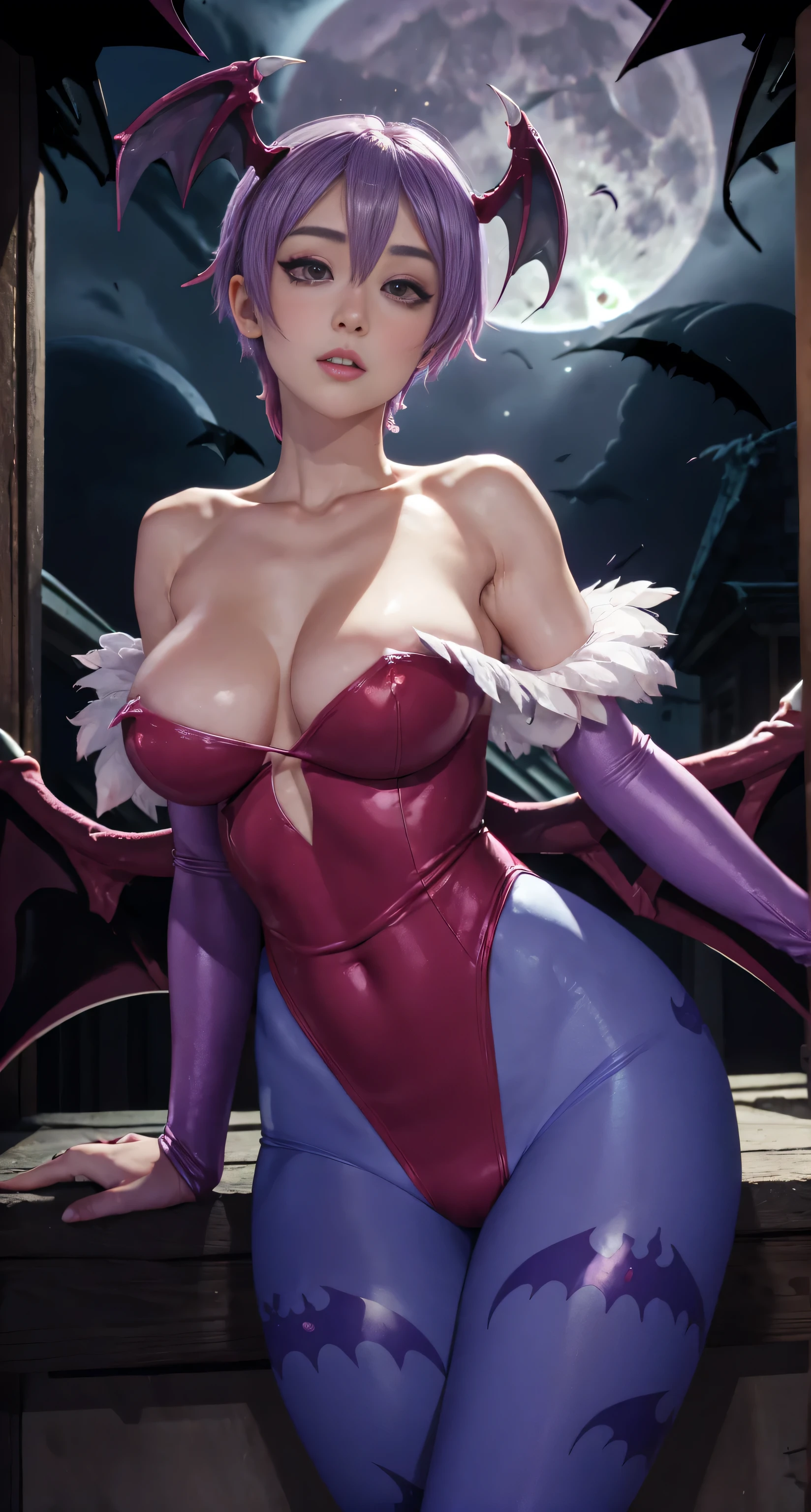 Lilith for super thick breasts、purple hair、、8k, 4k, Of the highest quality, High resolution: 1.2),flicker、an exposed breast、cute anime face、pink blush on the cheeks.、noise removal,very close to the screen. (((her perfect body))) that her body can be seen from head to toe beautiful in her suit (((in the background the darkness and the full moon)))