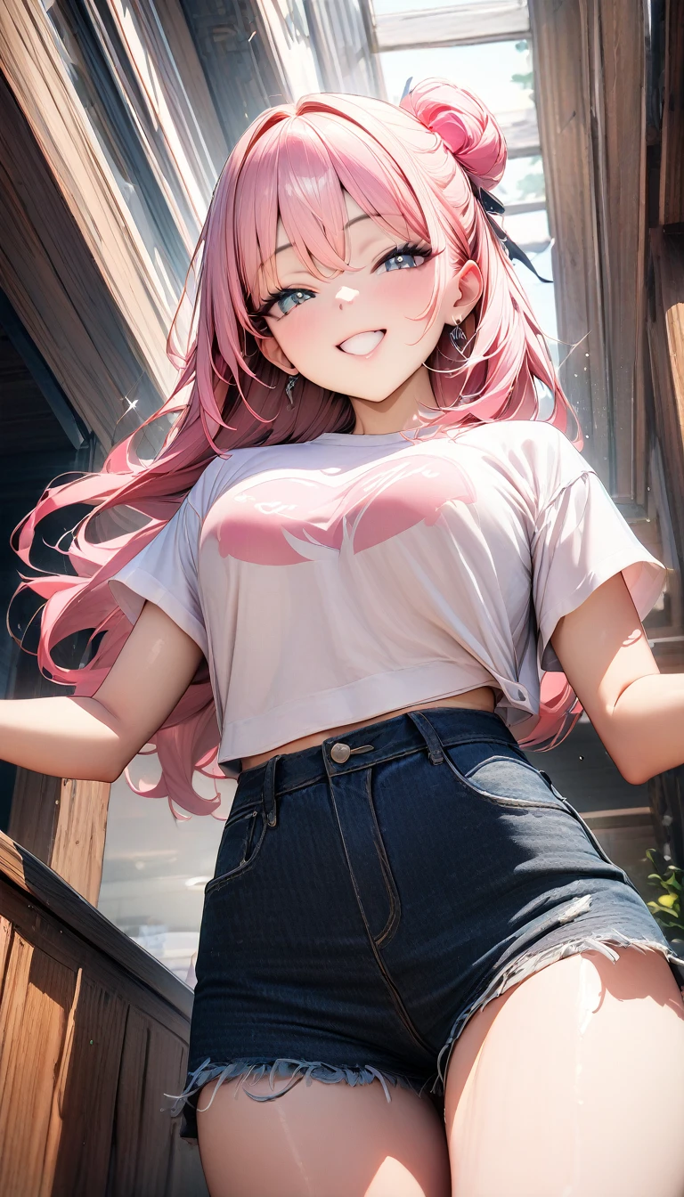 ((最high quality, 8k, masterpiece)), High resolution、（high quality: 1.5）、Very detailed、Detailed face、Bright colors、Natural light、Fine grain、Colorful eyes、Beautiful Face、Highly detailed face texture of a woman,masterpiece, 最high quality, Detailed and beautiful eyes,最high quality、Best image quality、masterpiece,girl,smile,From below,grin,(Brat),Pink Hair,Cute clothes,Printed shirt,Shorts,Just beautiful,masterpiece,(laugh at),最high quality、so beautiful,High resolution,1girl, solo,(masterpiece:1.2)、(最high quality:1.2)、Latest Glossy Skin