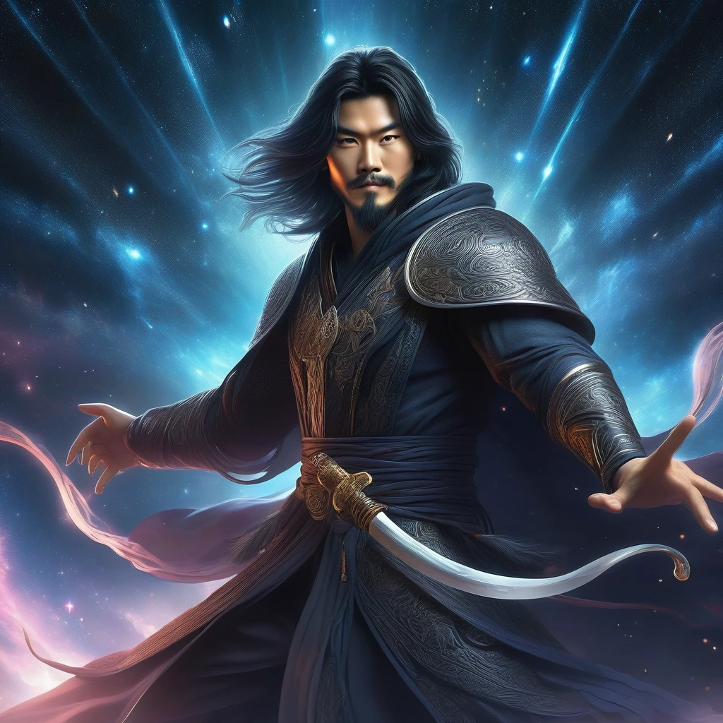 "young man in his 20s, magical aura, Asian facial features, large chin, sharp kept beard, wearing a black cloak filled with stars, swirling cosmic patterns, holding a short bone white sword, battle stance, large grin on his face, grin exuding both friendliness and danger, youthful yet powerful presence, cloak shimmering with the galaxy, intricate cosmic details in the fabric, [deadly but approachable], [cosmic warrior], [mystical aura], [dynamic pose], [intense yet friendly expression]"