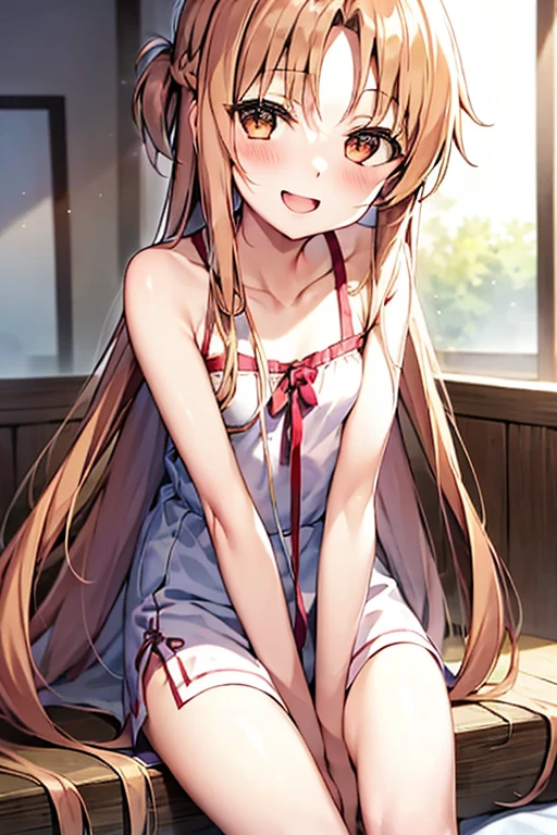 ((Highest quality)), ((masterpiece)), (be familiar with), Perfect Face, indoor, Bedroom, Watching the audience,
One woman, Yuuki Asuna,
Open Mouth, Ecstatic expression, blush, smile,
Small breasts, Flat Chest, , , child, Girl,
Long Hair, Long Hair,
Leg spread,