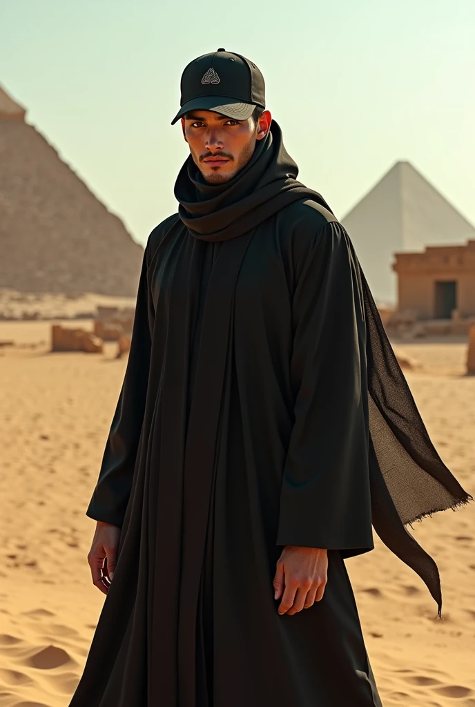 ((Create a realistic portrait with a warm cinematic perspective of a young man wearing a modest black Arab attire walking on a semi-desert road, looking ahead and carrying a black flag with no writing on it.
