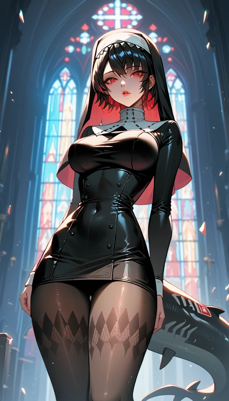 masterpiece，high resolution，Anime Art，Anime Numbers， 4k anime wallpaper，Radiant Skin，Looking at the camera，Solitary，An anime girl，Standing，Lips up，Black short hair，Striped hair，Red eyes，Big breasts，Nun attire，Black pantyhose，Slender legs，Black shark tail，Colorful glass，church