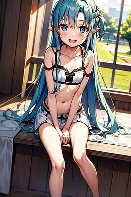 ((Highest quality)), ((masterpiece)), (be familiar with), Perfect Face, indoor, Bedroom, Watching the audience,
One woman, Yuuki Asuna,
Open Mouth, Ecstatic expression, blush, smile,
Small breasts, Flat Chest, , , , Girl,
Long Hair, Long Hair,
Leg spread,