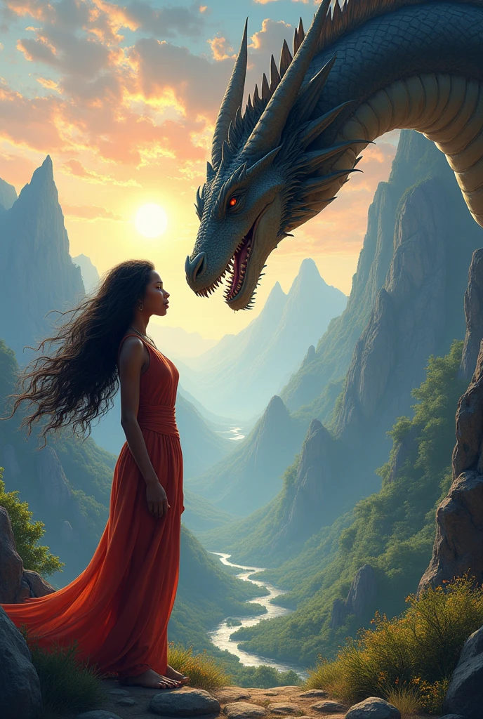 Create a photo with a girl with long black hair and brown eyes with a dragon, Game of Thrones theme