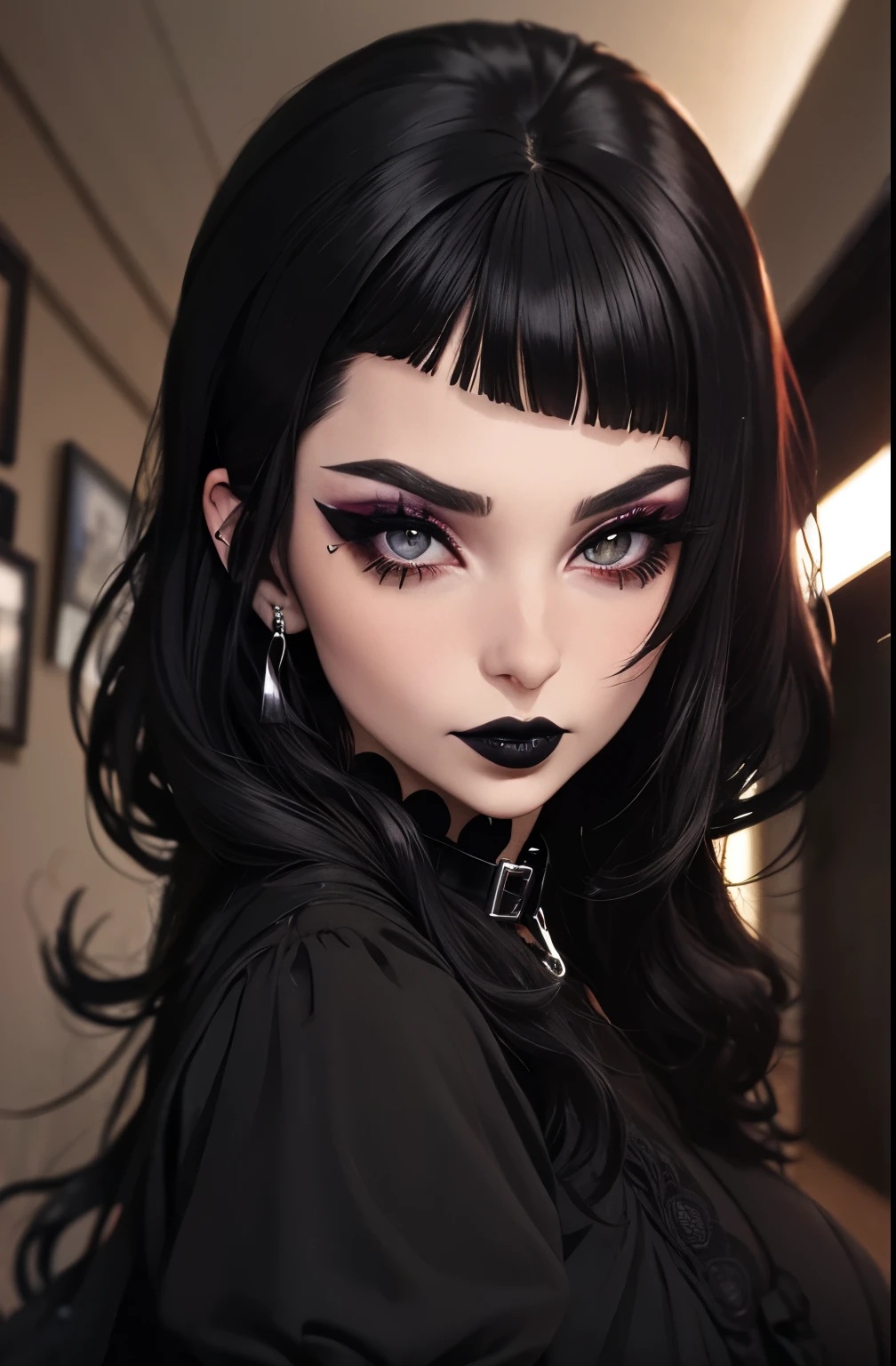 1girl, goth, goth makeup, pale skin, microbangs, black lips, black lipstick, eye shadow, eyeliner, mascara, smoky eyes, dress, long sleeves, choker, long hair, indoors