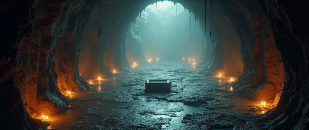 view from above, bird's eye view, cave without light, wide and large cave, wet ground, wet cave, torches hanging on the cave wall, small and low altar located in the center