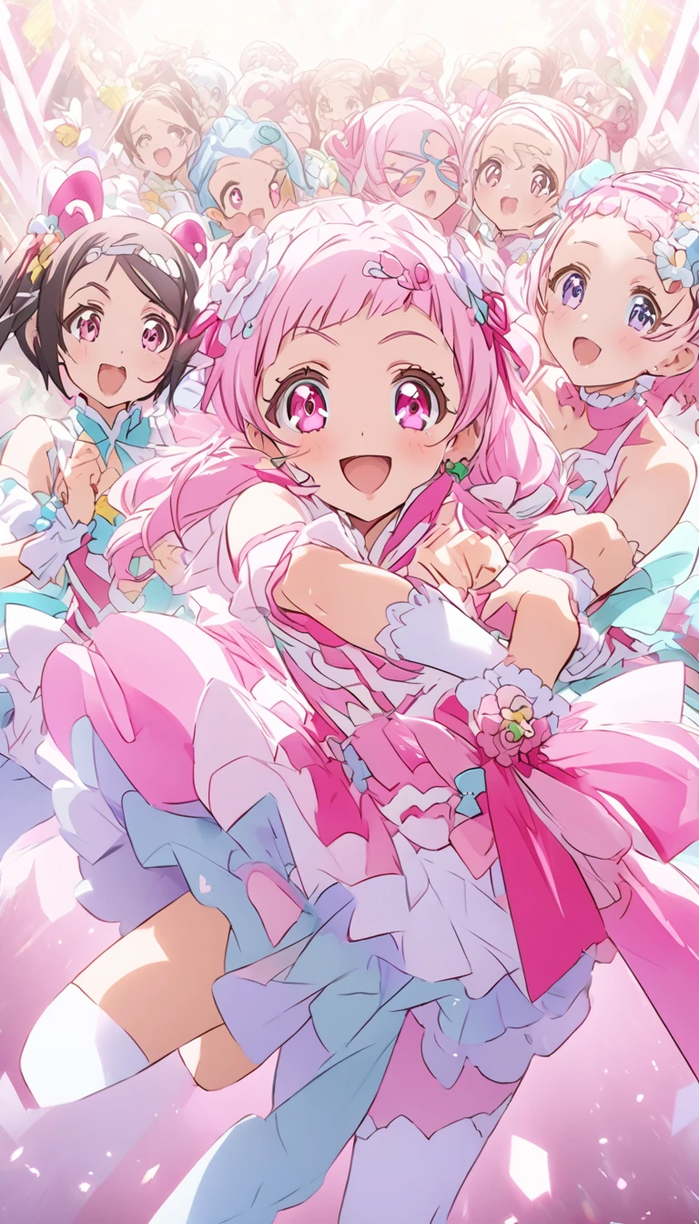 score_9, score_8_up, score_7_up, score_6_up, score_5_up, score_4_up, (Perfect Anatomy)、Mastepiece、Ultra High Quality、 8k、masterpiece、Highest quality、Ultra-high resolution、Maximum resolution、Very detailed、Professional Lighting、anime、 Pretty Cure、 hug！Pretty Cure、Cure Yell, Pink Hair, Pink Eyes, smile, 1girl,