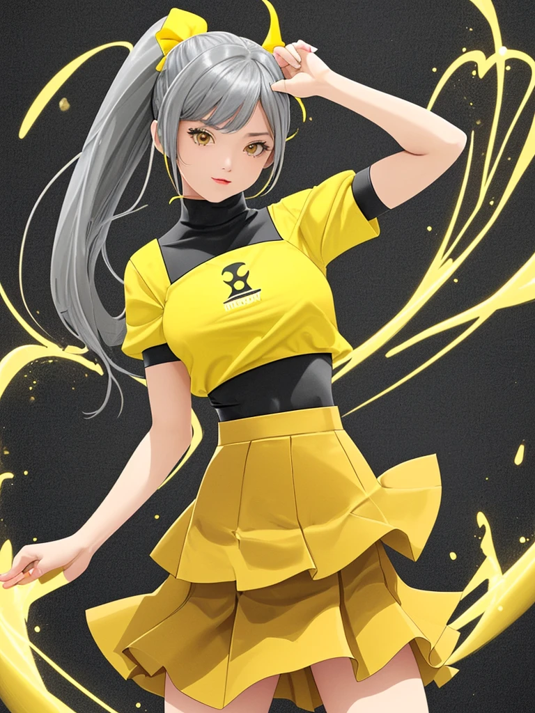 1girl, solo, gray skeen, yellow top, yellow skirt, eel stockings, hairstyle two ponytails, yellow energy, cute pose 