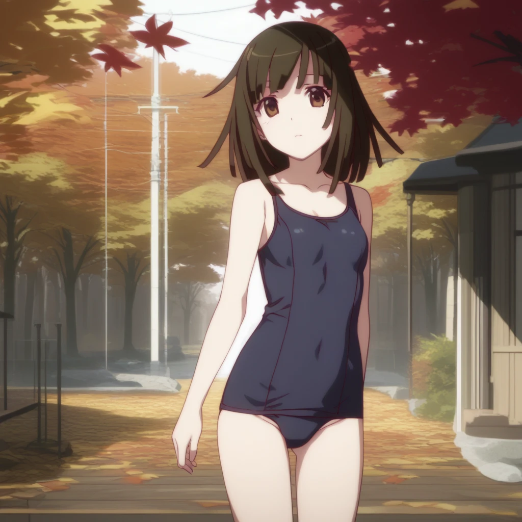 (score_9,score_8_superior,score_7_superior,),Sengoku Nadeko,Black Hair,Brown eyes,short hair, (Perfect breasts),cute、Are standing、School Swimsuit、(autumn leaves)、autumn leavesに囲まれている、Standing in the pond、look back、