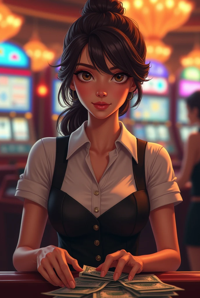 Believe me a girl with short hair brown eyes with glasses chubby face normal body with a red dress in an online casino 
