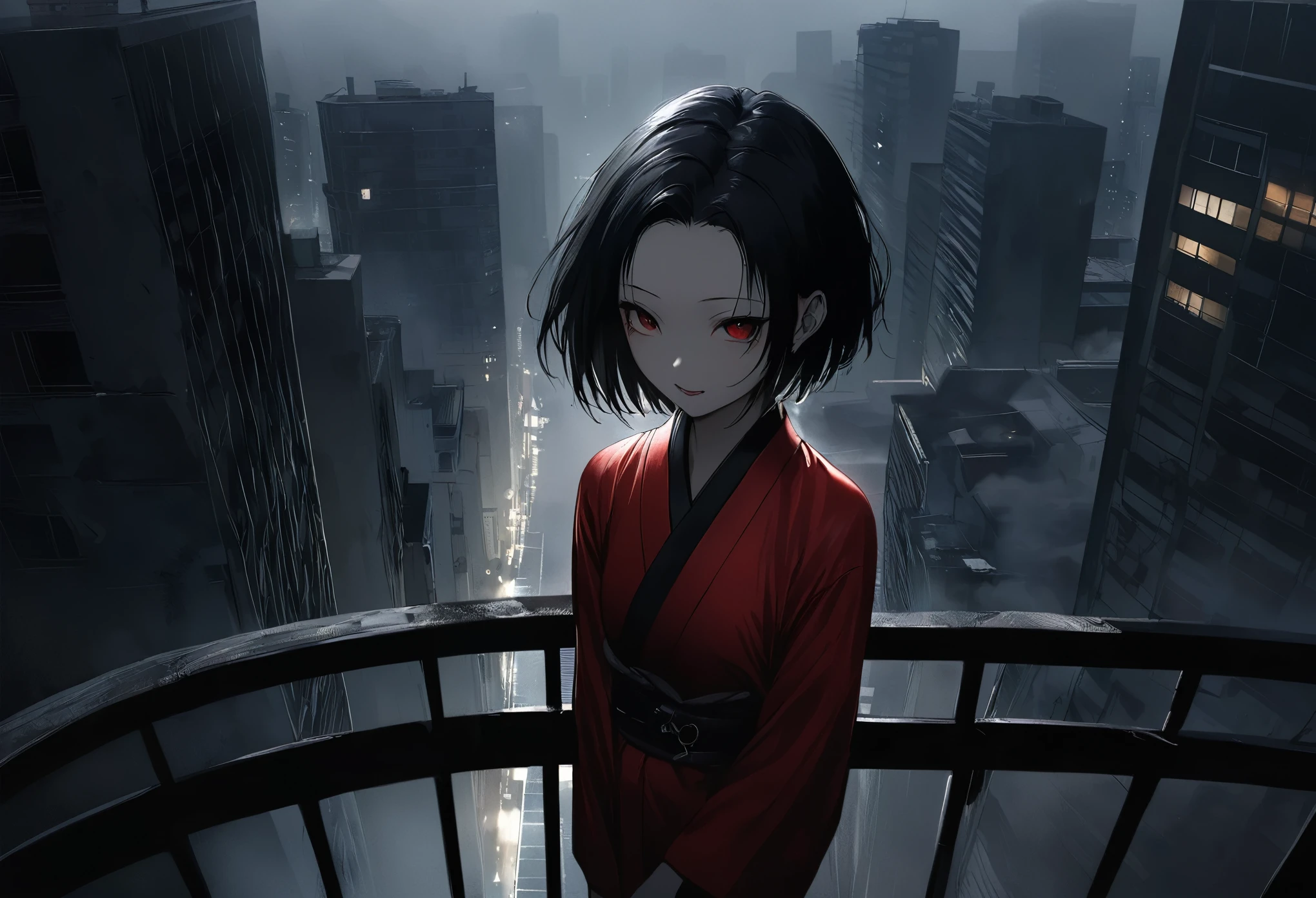 Red silk kimono。Thick Fog,Foggy world。Standing on the balcony。Black belt。laughing。。Black short hair。forehead, Beautiful red eyes。Dead skin。alone。darkness。Spooky atmosphere。Japan。City of Concrete。Delicate depiction。Realistic texture。Dark atmosphere without light。night。Chiaroscuro,Huge skyscraper。Bust Shot。Wide Shot。Angle from above。