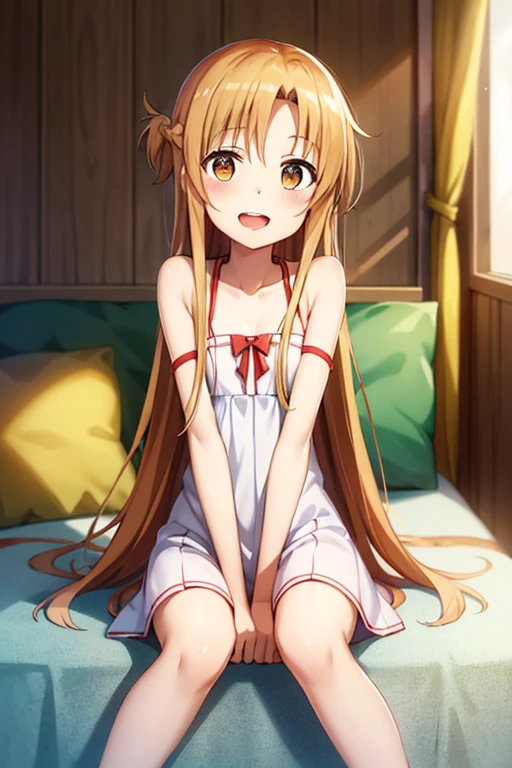 ((Highest quality)), ((masterpiece)), (be familiar with), Perfect Face, indoor, Bedroom, Watching the audience,
One woman, Yuuki Asuna,
Open Mouth, Ecstatic expression, blush, smile,
Small breasts, Flat Chest, , , child, Girl,
Long Hair, Long Hair,
Leg spread,