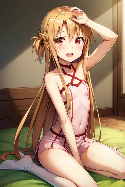 ((Highest quality)), ((masterpiece)), (be familiar with), Perfect Face, indoor, Bedroom, Watching the audience,
One woman, Yuuki Asuna,
Open Mouth, Ecstatic expression, blush, smile,
Small breasts, Flat Chest, , , child, Girl,
Long Hair, Long Hair,
Leg spread,