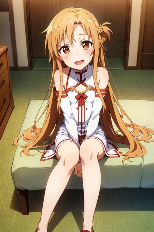 ((Highest quality)), ((masterpiece)), (be familiar with), Perfect Face, indoor, Bedroom, Watching the audience,
One woman, Yuuki Asuna,
Open Mouth, Ecstatic expression, blush, smile,
Small breasts, Flat Chest, , , child, Girl,
Long Hair, Long Hair,
Leg spread,