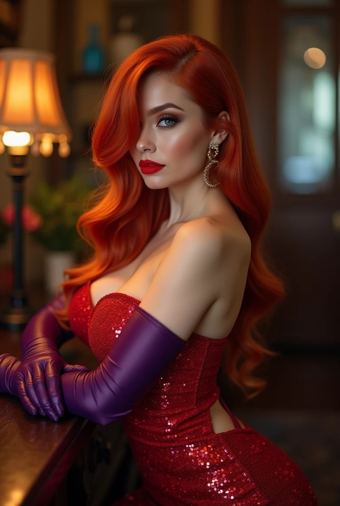 1girl, (((surprising open mouth))), redhead,, cleavage, hair, lips, lipstick, makeup, medium breasts, nail polish, photorealistic, realistic, red nails, sitting, solo, evening dress silk, (((lhappy))), full length, happy, smiley, hand near face, surprise,, emotion, open eyes,